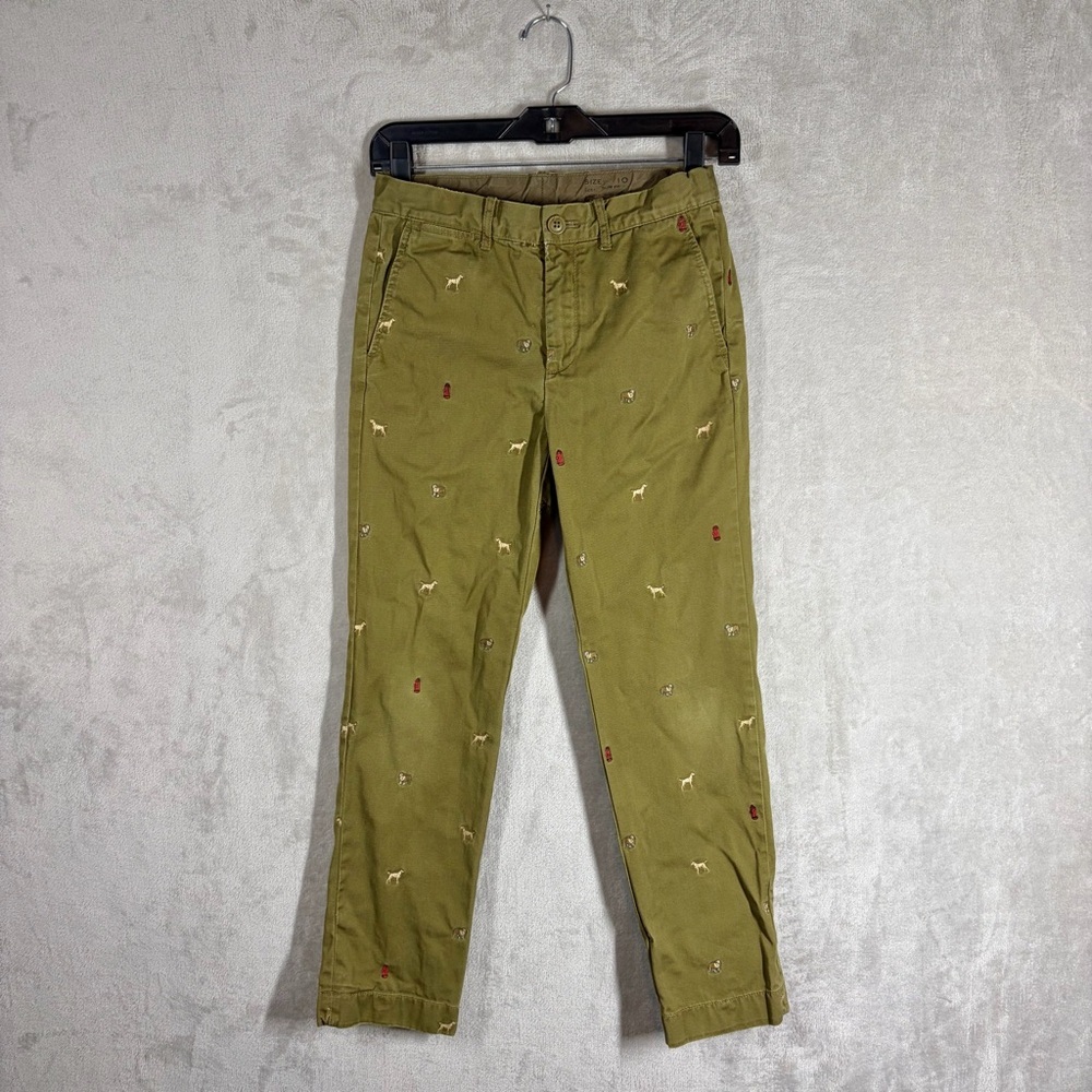 J. Crew Crewcuts Dog Embroidered Pants Size 10 Olive Green Preppy Chino Slim Fit
